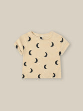 Load image into Gallery viewer, Beige organic terry cotton t-shirt with a dark moon all over print. 

