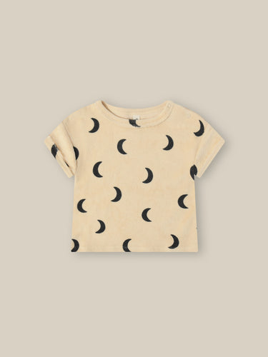Beige organic terry cotton t-shirt with a dark moon all over print. 