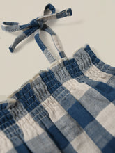 Load image into Gallery viewer, Organic cotton blue and white gingham printed bodysuit with spaghetti tie straps.
