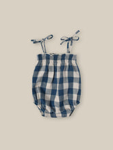 Load image into Gallery viewer, Organic cotton blue and white gingham printed bodysuit with spaghetti tie straps. 
