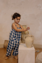 Load image into Gallery viewer, Organic Cotton blue and white gingham printed jumpsuit with two pockets on the front.
