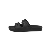 Load image into Gallery viewer, Women black two strap slides.
