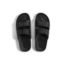 Load image into Gallery viewer, Women black two strap slides. 

