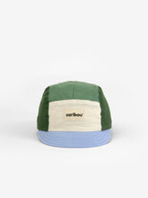 Load image into Gallery viewer, Baby cap featuring a five panel colour-block design. The colour block design features a light green, dark green, baby blue, and cream.
