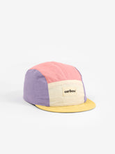 Load image into Gallery viewer, Baby cap featuring a five panel colour-block design. The colour-block design features a pink, purple, yellow, and cream.
