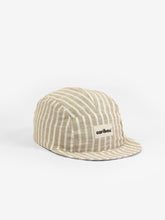 Load image into Gallery viewer, Baby cap featuring a beige and cream striped pattern and a five panel design. 

