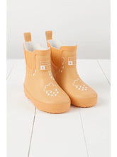 Load image into Gallery viewer, Peach coloured short rain boots lined with teddy fleece. 
