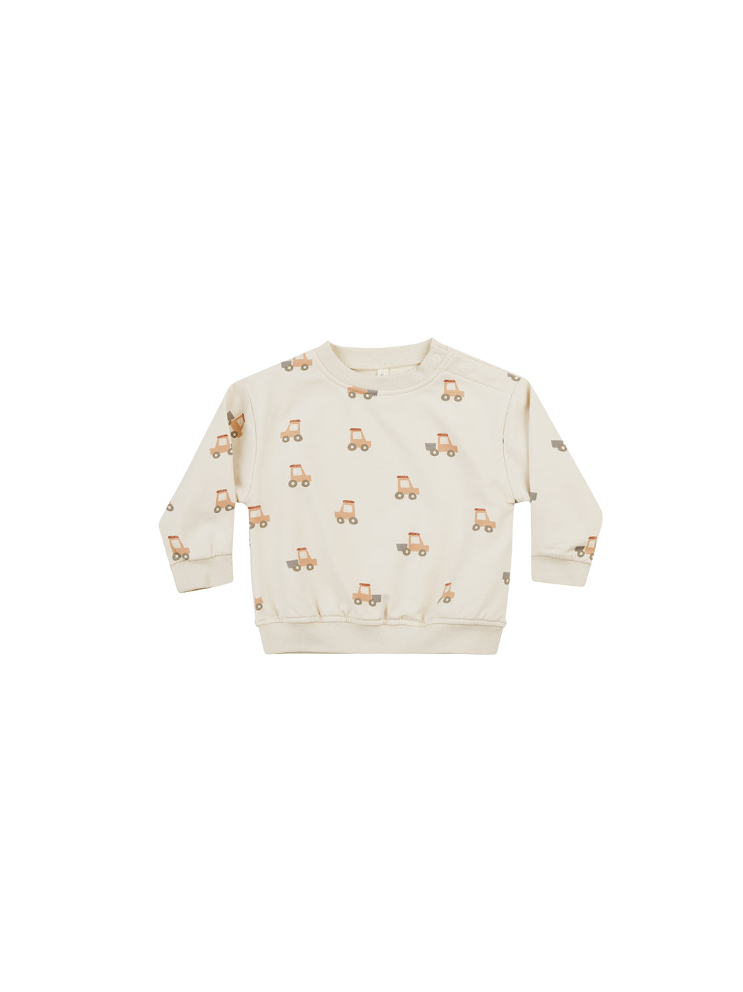 beige baby crewneck sweatshirt with a tractor all over print. 
