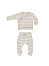 Load image into Gallery viewer, Wrap top and footed pant in a grey and white striped pattern
