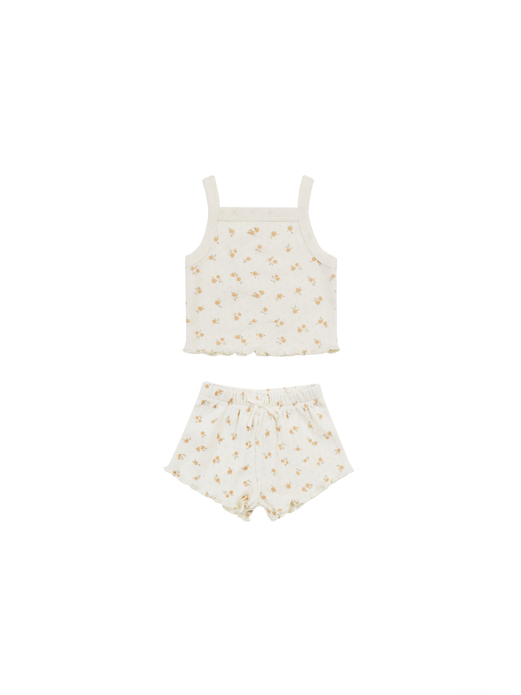 Organic cotton beige baby tank and matching shorts with an orange floral all over print. 
