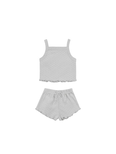 Organic Cotton baby tank and matching shorts featured in a blue and grey colour.
