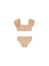 Load image into Gallery viewer, Orange and white gingham print baby two-piece bathing suit featuring puffy sleeves. 
