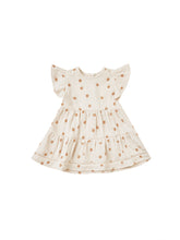 Load image into Gallery viewer, Beige coloured baby dress with ruffle sleeves and three tiers on the skirt. This dress features an oranges all over print. 
