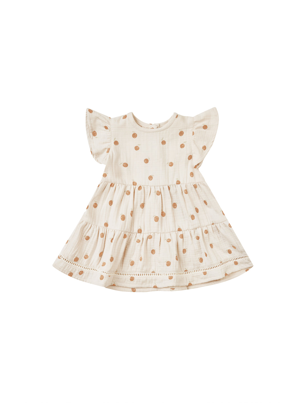 Beige coloured baby dress with ruffle sleeves and three tiers on the skirt. This dress features an oranges all over print. 