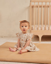 Load image into Gallery viewer, red, sage green, light pink floral print featured on a baby dress with ruffle sleeves and three tiers on the skirt.
