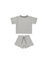 Load image into Gallery viewer, Baby boxy tee with pocket and matching shorts. This set is featuring a dark blue and white stripe pattern. 

