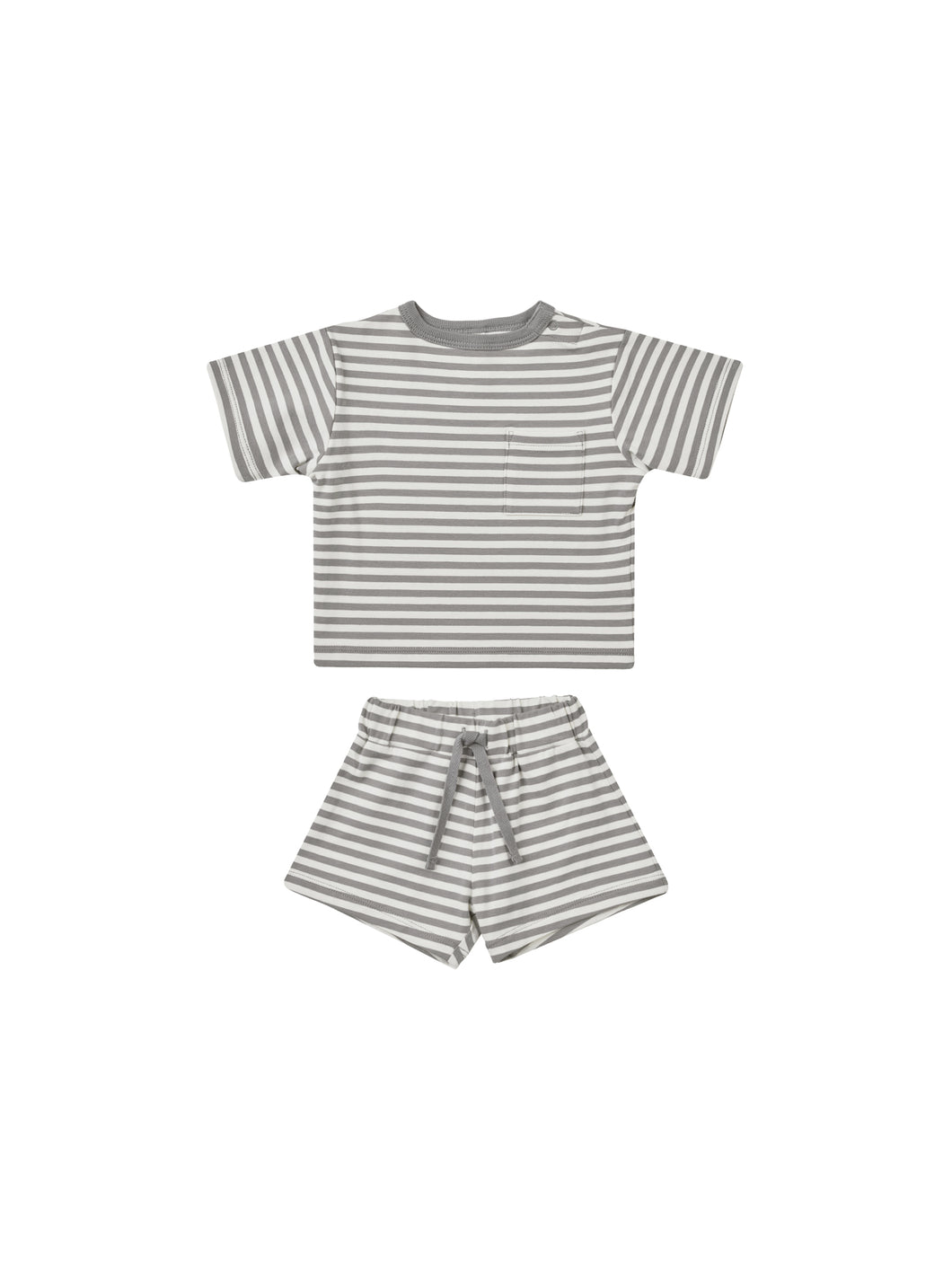 Baby boxy tee with pocket and matching shorts. This set is featuring a dark blue and white stripe pattern. 