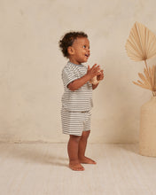 Load image into Gallery viewer, Baby boxy tee with pocket and matching shorts. This set is featuring a dark blue and white stripe pattern.
