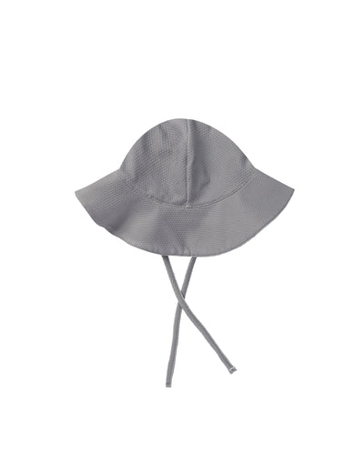 Dark blue and grey coloured baby sun hat that is UPF 50. 