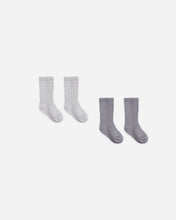 Load image into Gallery viewer, Quincy Mae 3-pack organic cotton baby crew socks in neutral slate grey and cloud white.
