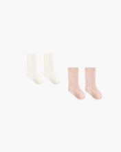 Load image into Gallery viewer, Quincy Mae 2-pack organic cotton baby crew socks in neutral warm natural cream and soft dusty rose pink.

