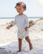 Load image into Gallery viewer, Boys Swim Short - Blue + Butterscotch Stripe
