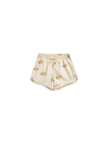 These drawstring, elastic waist swim trunks are a warm weather must-have. These swim trunks are featured in a beige colour with a yellow submarine all over print. 