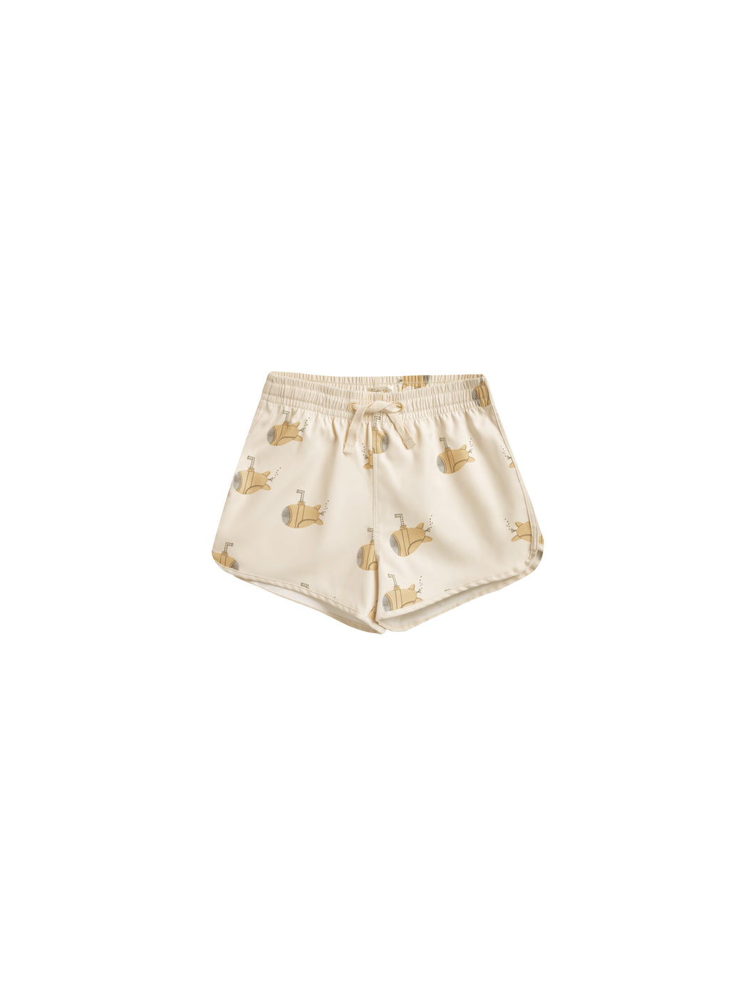 These drawstring, elastic waist swim trunks are a warm weather must-have. These swim trunks are featured in a beige colour with a yellow submarine all over print. 