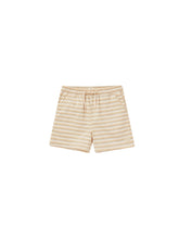 Load image into Gallery viewer, These boardshorts have a drawstring waist, side and back pockets, and is featured in a beige and horizontal orange and blue stripes.
