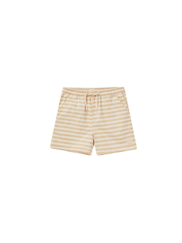 These boardshorts have a drawstring waist, side and back pockets, and is featured in a beige and horizontal orange and blue stripes.