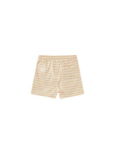 Load image into Gallery viewer, These boardshorts have a drawstring waist, side and back pockets, and is featured in a beige and horizontal orange and blue stripes.
