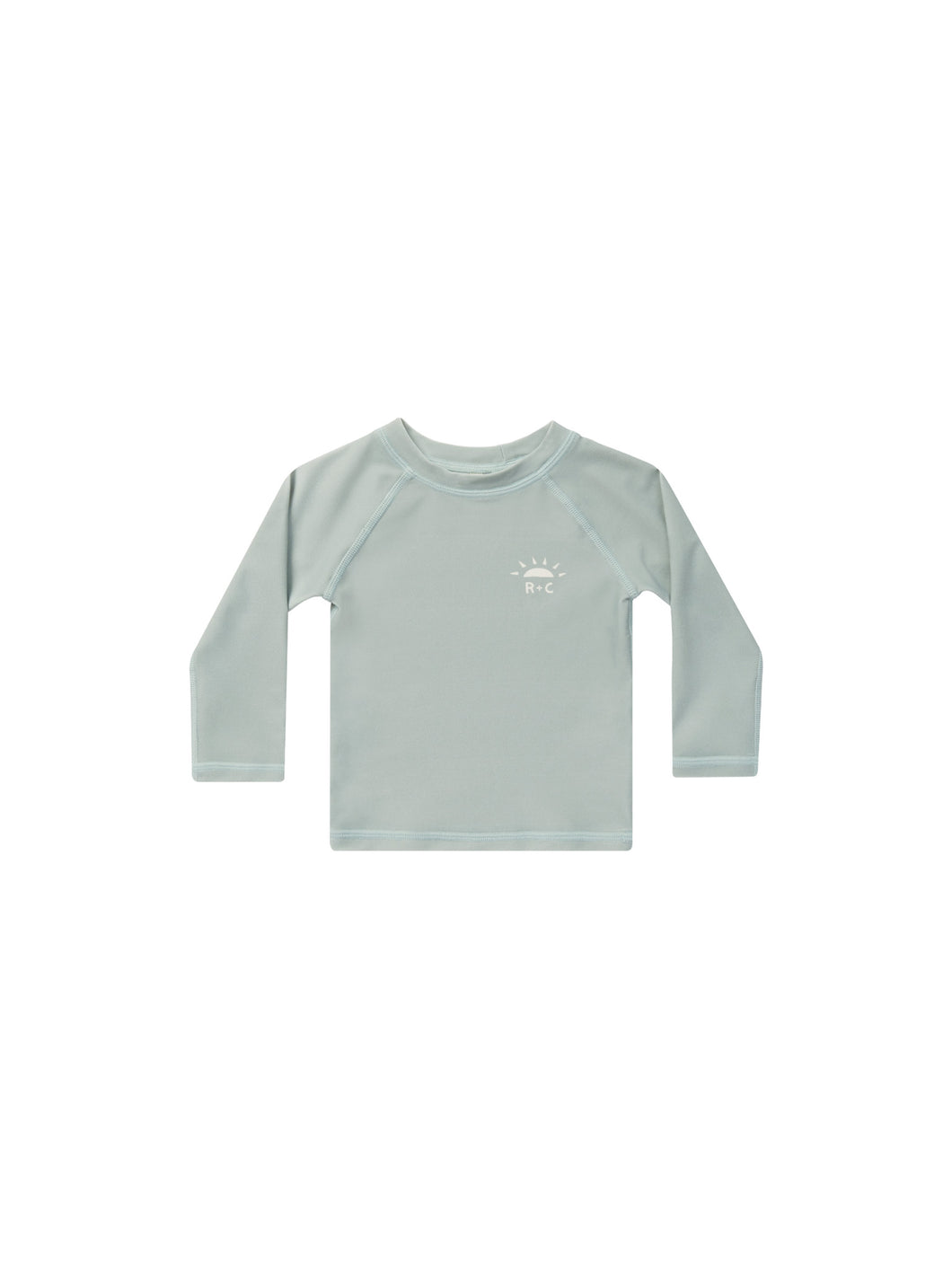 Long Sleeve rash guard in a seafoam colour. This rash guard also features a R + C along with a half sun in the top left corner of front. 