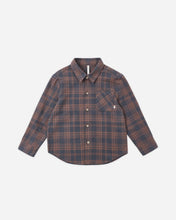 Load image into Gallery viewer, Rylee + Cru collared long-sleeve cotton button-down shirt in midnight blue plaid.
