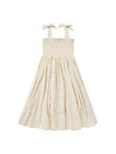 Load image into Gallery viewer, The soft and breathable linen, smocked bodice, tie sleeves, and full skirt on a beatiful beige colour and yellow polka dots. 
