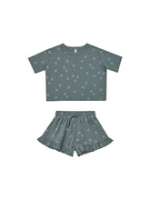 Load image into Gallery viewer, Organic cotton tee and matching shorts featured in an indigo colour and all over daisy print. 
