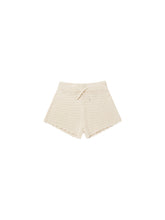 Load image into Gallery viewer, Beige knit shorts with a drawstring waistband. 
