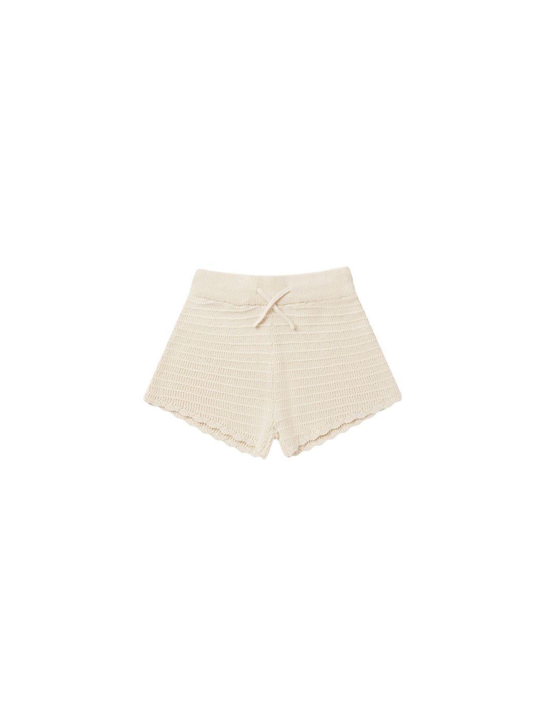 Beige knit shorts with a drawstring waistband. 