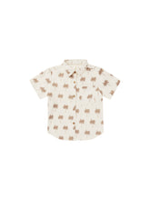 Load image into Gallery viewer, Cream collard linen baby shirt with warm beige palm tree all over print. 
