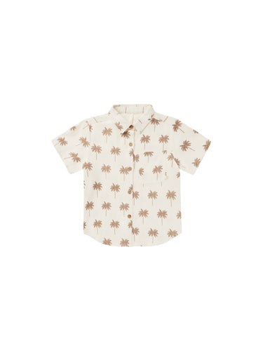 Cream collard linen baby shirt with warm beige palm tree all over print. 