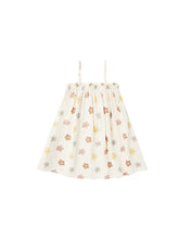 Load image into Gallery viewer, White linen children tank dress with a colourful floral all over print. 
