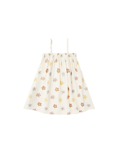 White linen children tank dress with a colourful floral all over print. 