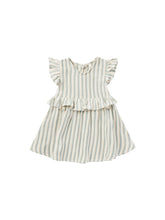 Load image into Gallery viewer, Linen blend children dress with ruffle sleeves and a blue and cream striped print. 
