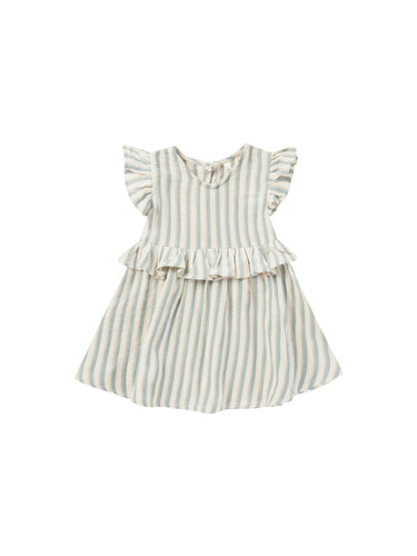 Linen blend children dress with ruffle sleeves and a blue and cream striped print. 
