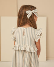 Load image into Gallery viewer, Linen blend children dress with ruffle sleeves and a blue and cream striped print.

