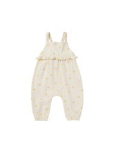 Load image into Gallery viewer, This sleeveless jumpsuit has full length pants with elastic openings, gathered peplum on the empire waistline, and gathered elastic straps.  Featuring a yellow polka dot print. 
