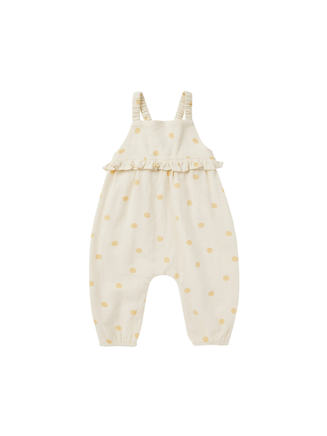 This sleeveless jumpsuit has full length pants with elastic openings, gathered peplum on the empire waistline, and gathered elastic straps.  Featuring a yellow polka dot print. 