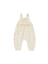 Load image into Gallery viewer, This sleeveless jumpsuit has full length pants with elastic openings, gathered peplum on the empire waistline, and gathered elastic straps. Featuring a yellow polka dot print.
