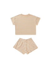 Load image into Gallery viewer, Orange and beige striped tee and matching shorts made from organic cotton for a comfy fit. 
