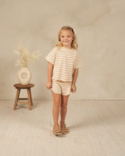Load image into Gallery viewer, Orange and beige striped tee and matching shorts made from organic cotton for a comfy fit.
