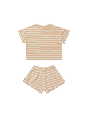 Orange and beige striped tee and matching shorts made from organic cotton for a comfy fit. 